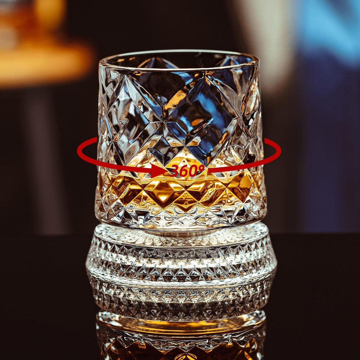 Spinning Whiskey Glasses Set of 4, 9.5 oz with Rotating Bases, Whiskey Gift