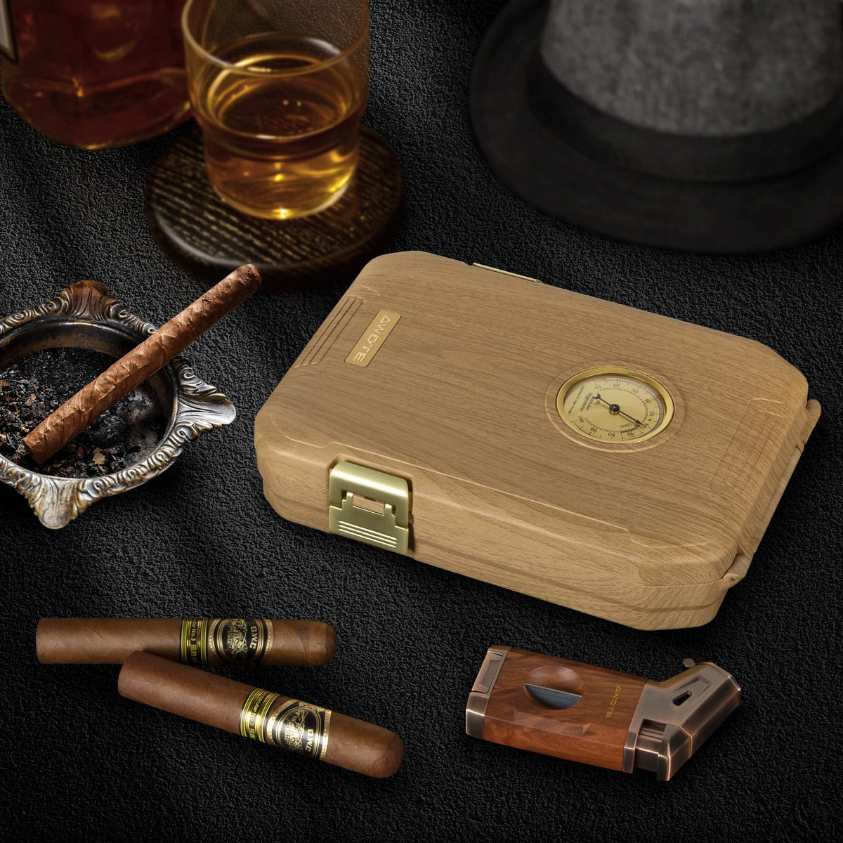 Travel Cigar Humidor Case - Cedar Lined, V Cut Cutter, Portable Humidor with Humidifier & Hygrometer, Holds 7-9 Cigars, Includes Lighter - Gift Set