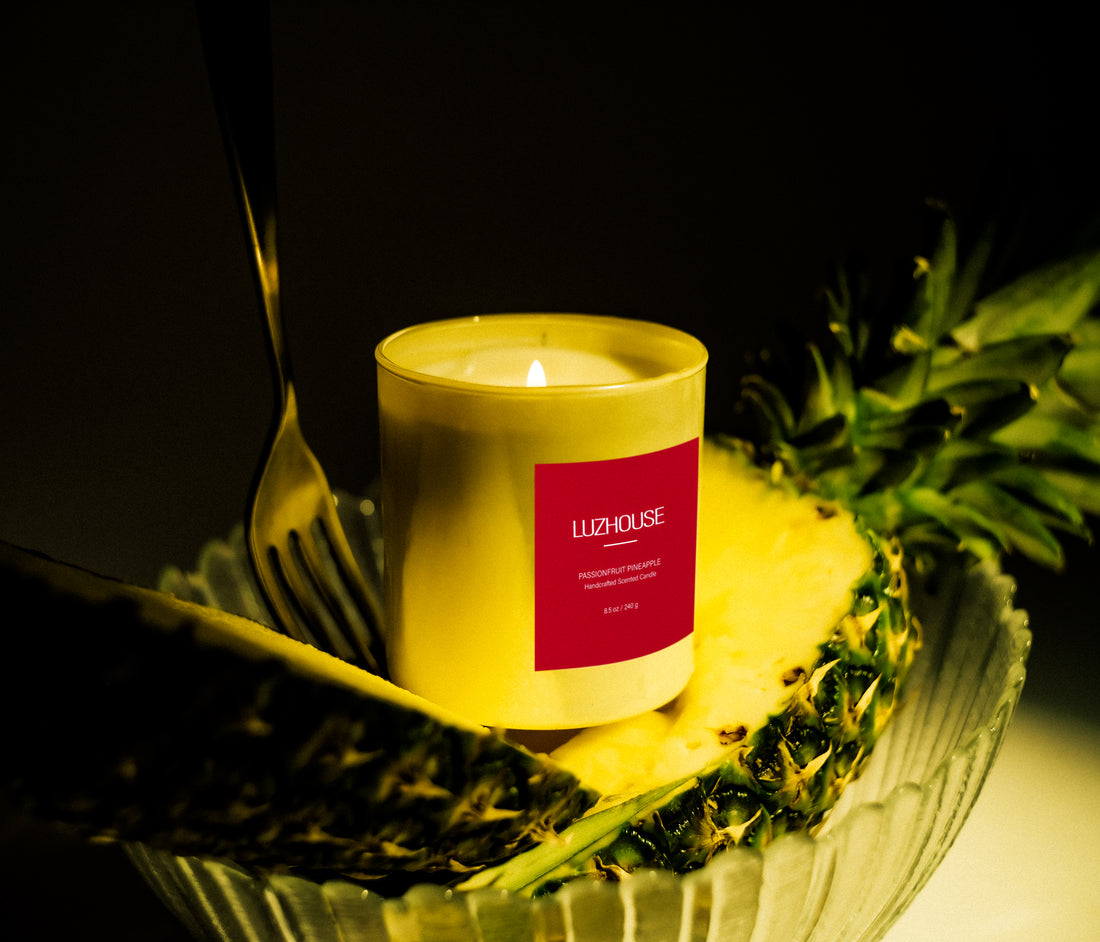 Embrace Tropical Bliss with LuzHouse Passionfruit Pineapple Candle in the Yellow 8.5 oz Jar