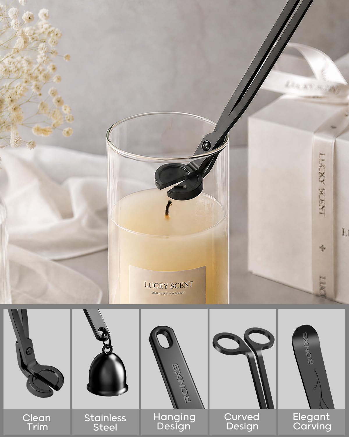 RONXS 3 in 1 Candle Wick Trimmer Set, Snuffer, Dipper, Cutter, Black
