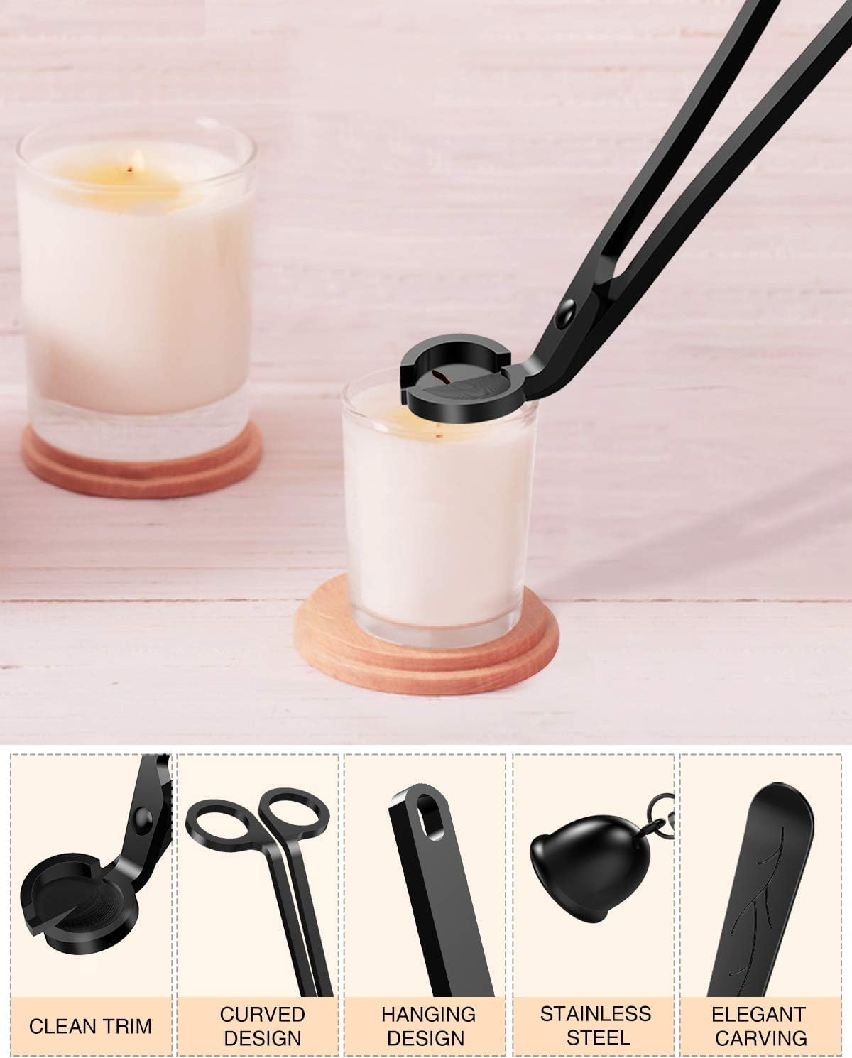 RONXS 3 in 1 Candle Wick Trimmer Set, Snuffer, Dipper, Cutter, Black