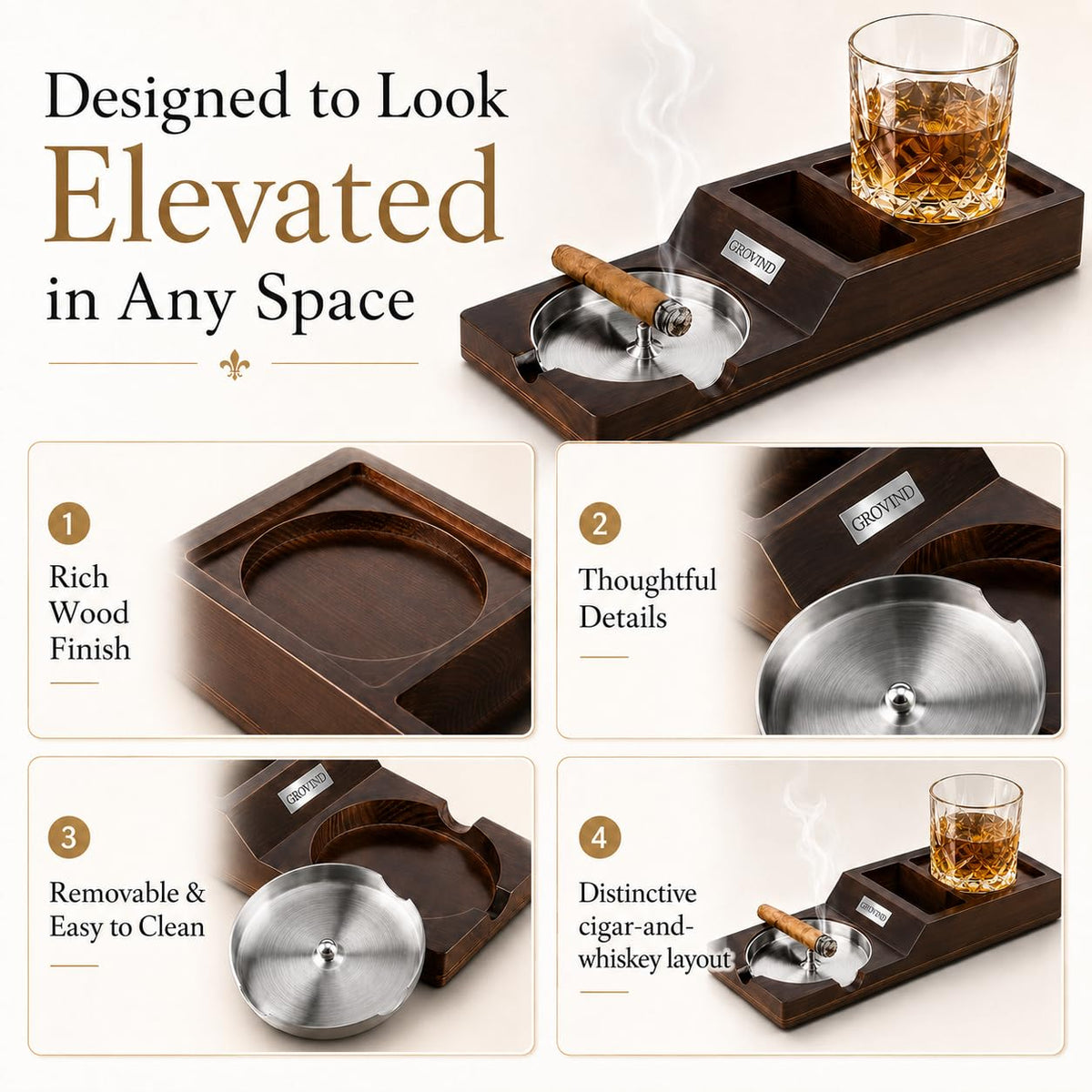 Cigar Ashtrays, Whiskey Glass Tray and Wooden Ash Tray Detachable Outdoor Ashtray for Cigarettes, Gift Set with Cigar Cutter, Great Decor for Home Office Gifts for Men