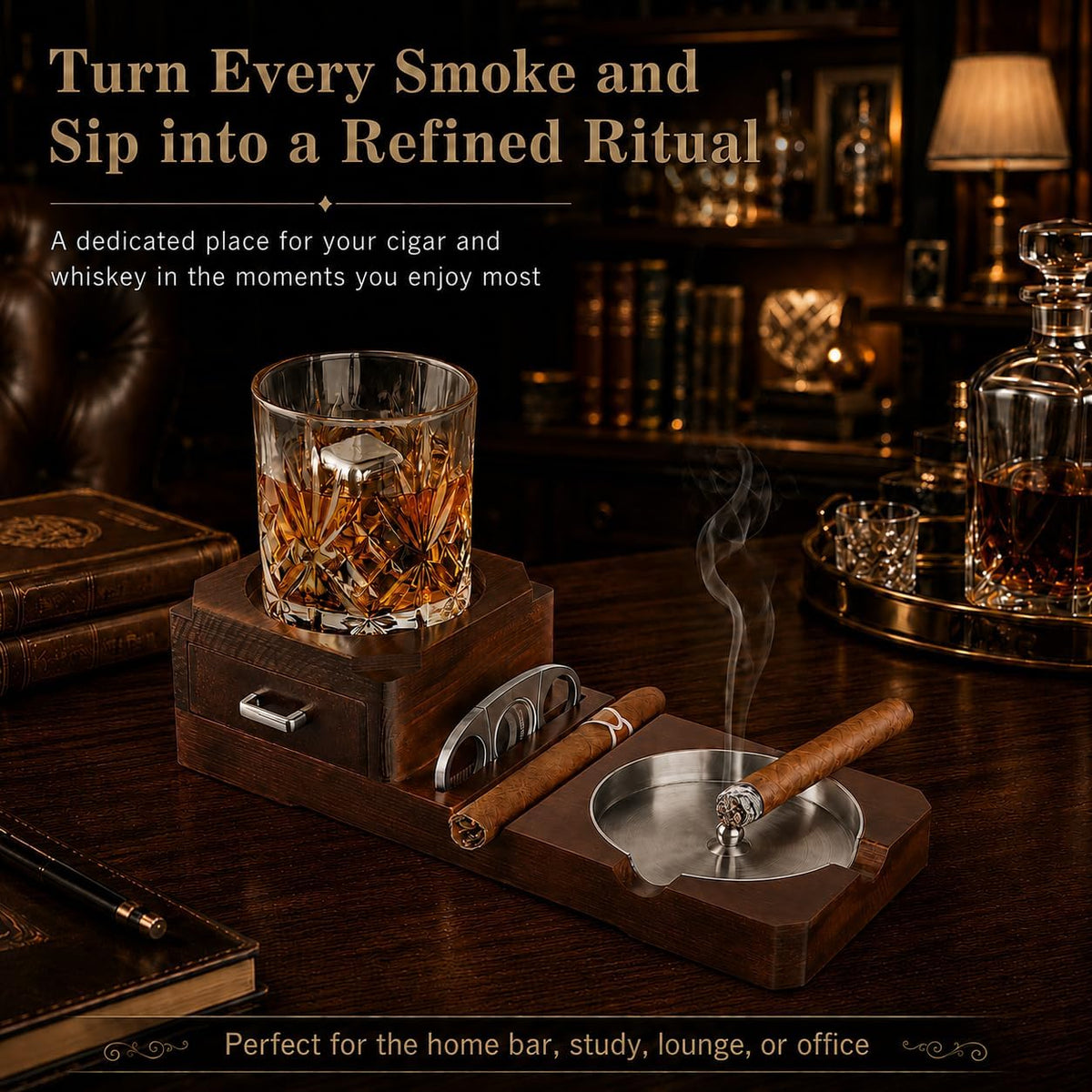 Cigar Ashtrays, Whiskey Glass Tray and Wooden Ash Tray Detachable Outdoor Ashtray for Cigarettes, Gift Set with Cigar Cutter, Great Decor for Home Office Gifts for Men