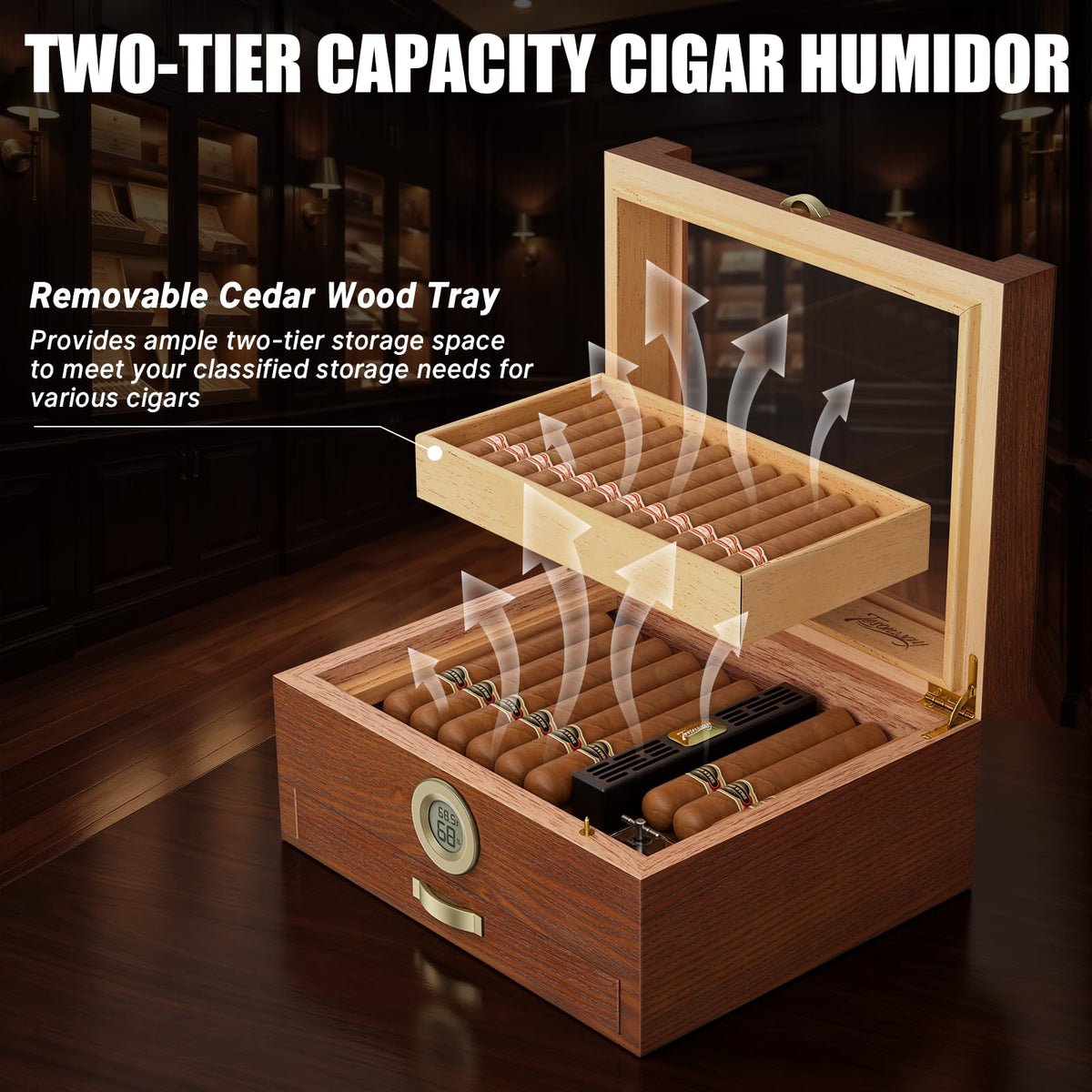 Tesonway Cigar Humidor, Cedar Wood Humidor Cigar Box, Glass Top Desktop Humidor with Front Hygrometer, Humidifier, Divider, Accessories Drawer and Combination Lock, Cigar Gifts for Men (Brown)