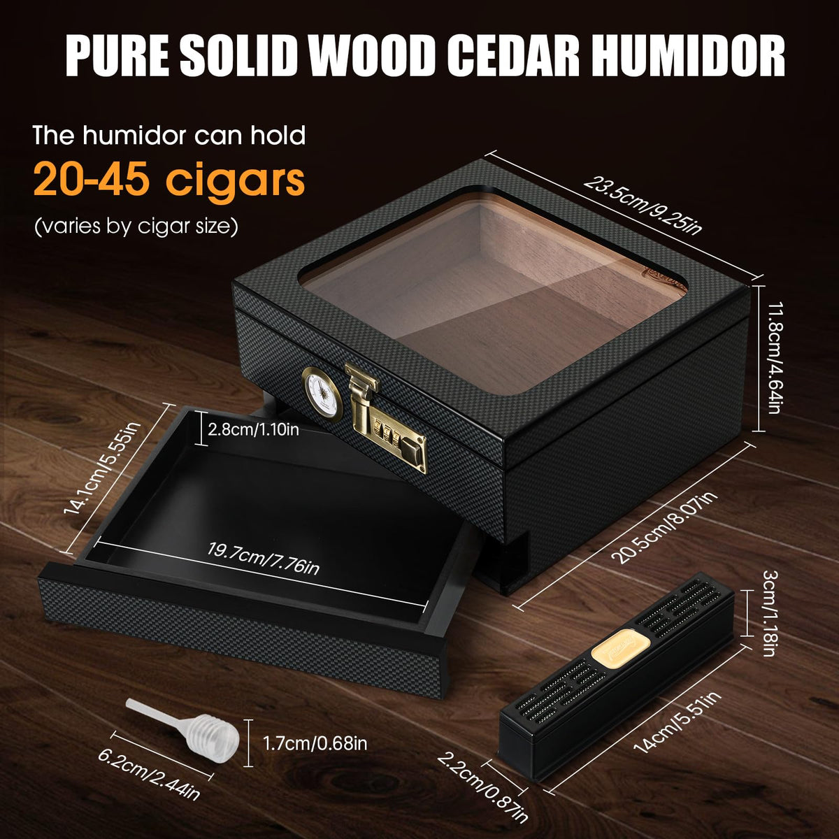 Tesonway Cigar Humidor, Cedar Wood Humidor Cigar Box, Glass Top Desktop Humidor with Front Hygrometer, Humidifier, Divider, Accessories Drawer and Combination Lock, Cigar Gifts for Men (Brown)