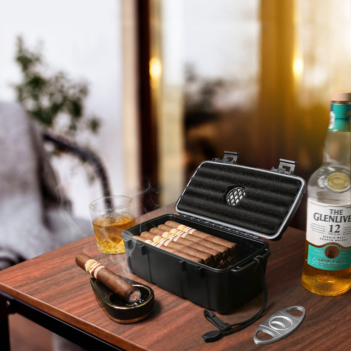 Flauno Travel Cigar Humidor Case - Portable Cigar Box with Humidifier Disc & Cigar Cutter | Waterproof | Crushproof | Airtight | Durable (Holds up to 5 Cigars)