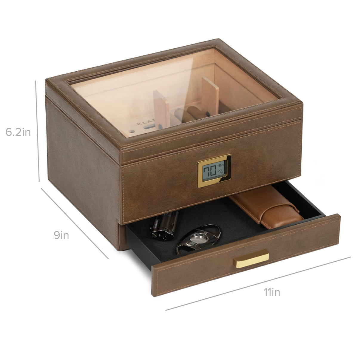 CASE ELEGANCE Renzo Glass Top Cigar Humidor with Cedar - Brown