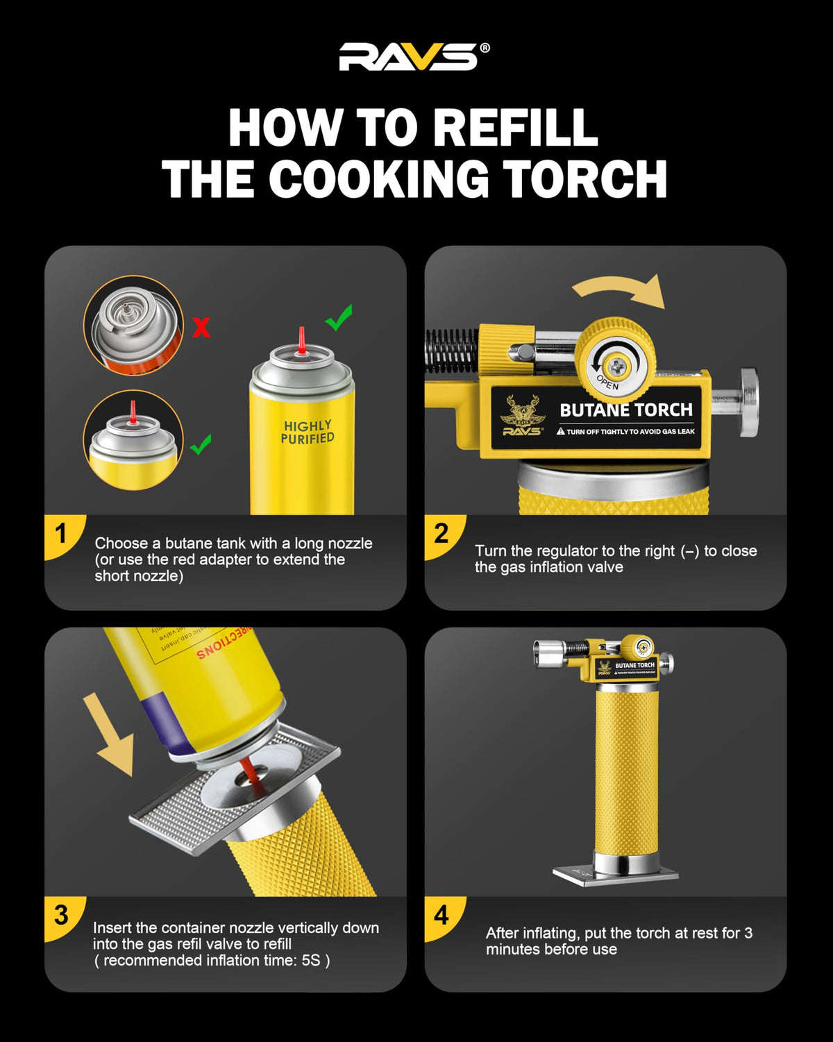 RAVS Butane Torch Lighter, DUAL Flame Mode Kitchen Torch, Refillable Cooking Torch Gun, Creme Brulee Torch Lighter, Blow Torch for Cooking, Welding, Mini Torch Soldering Torch, Butane is Not Included