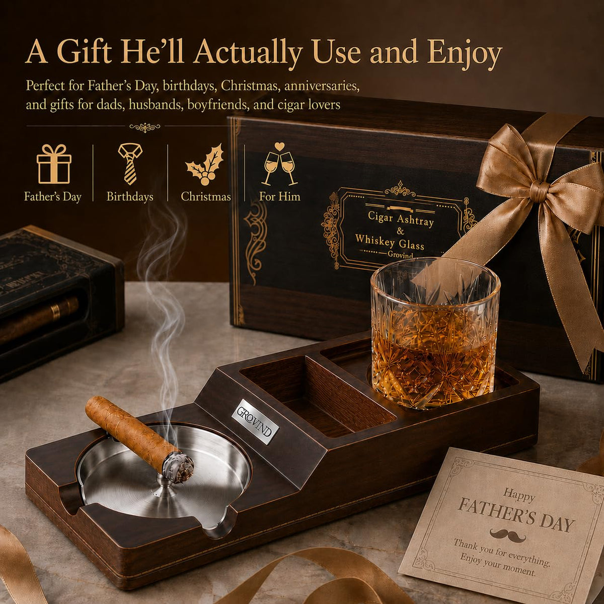 Cigar Ashtrays, Whiskey Glass Tray and Wooden Ash Tray Detachable Outdoor Ashtray for Cigarettes, Gift Set with Cigar Cutter, Great Decor for Home Office Gifts for Men