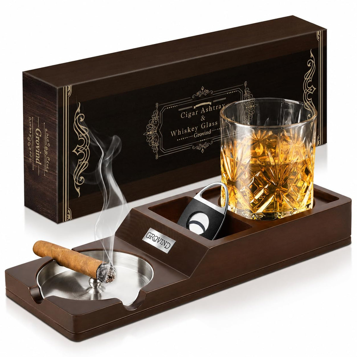 Cigar Ashtrays, Whiskey Glass Tray and Wooden Ash Tray Detachable Outdoor Ashtray for Cigarettes, Gift Set with Cigar Cutter, Great Decor for Home Office Gifts for Men