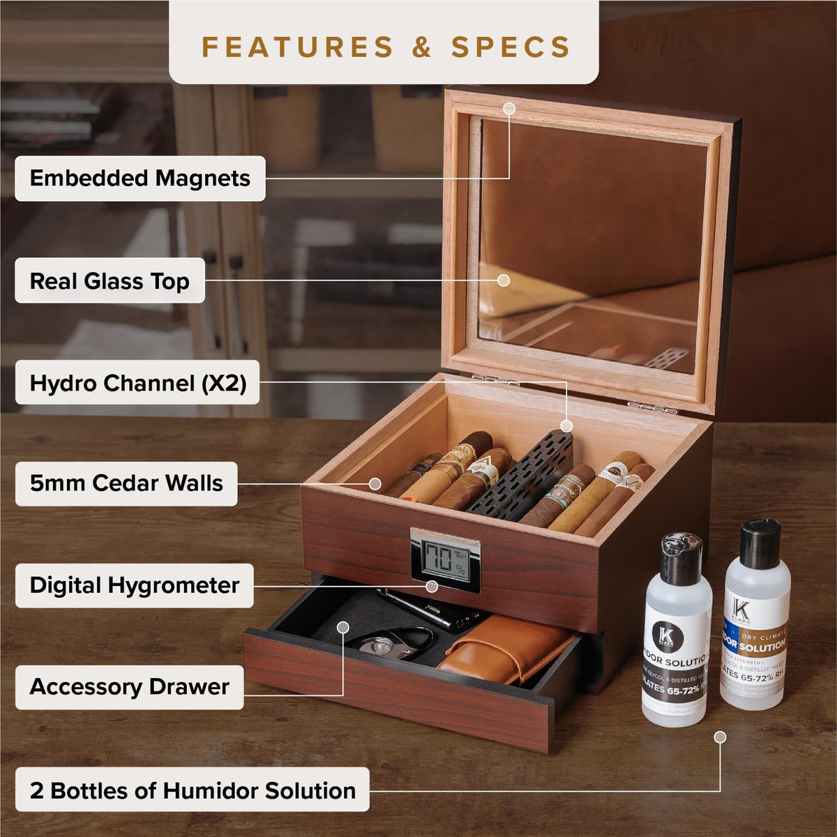 CASE ELEGANCE Renzo Glass Top Cigar Humidor with Cedar - Brown