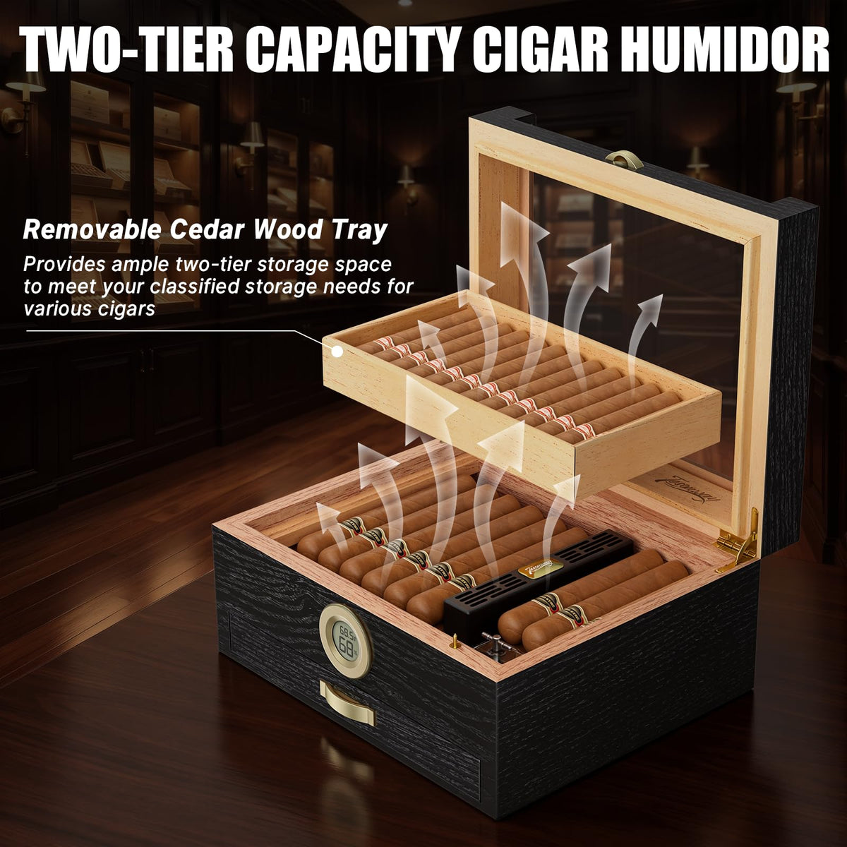 Tesonway Cigar Humidor, Cedar Wood Humidor Cigar Box, Glass Top Desktop Humidor with Front Hygrometer, Humidifier, Divider, Accessories Drawer and Combination Lock, Cigar Gifts for Men (Brown)