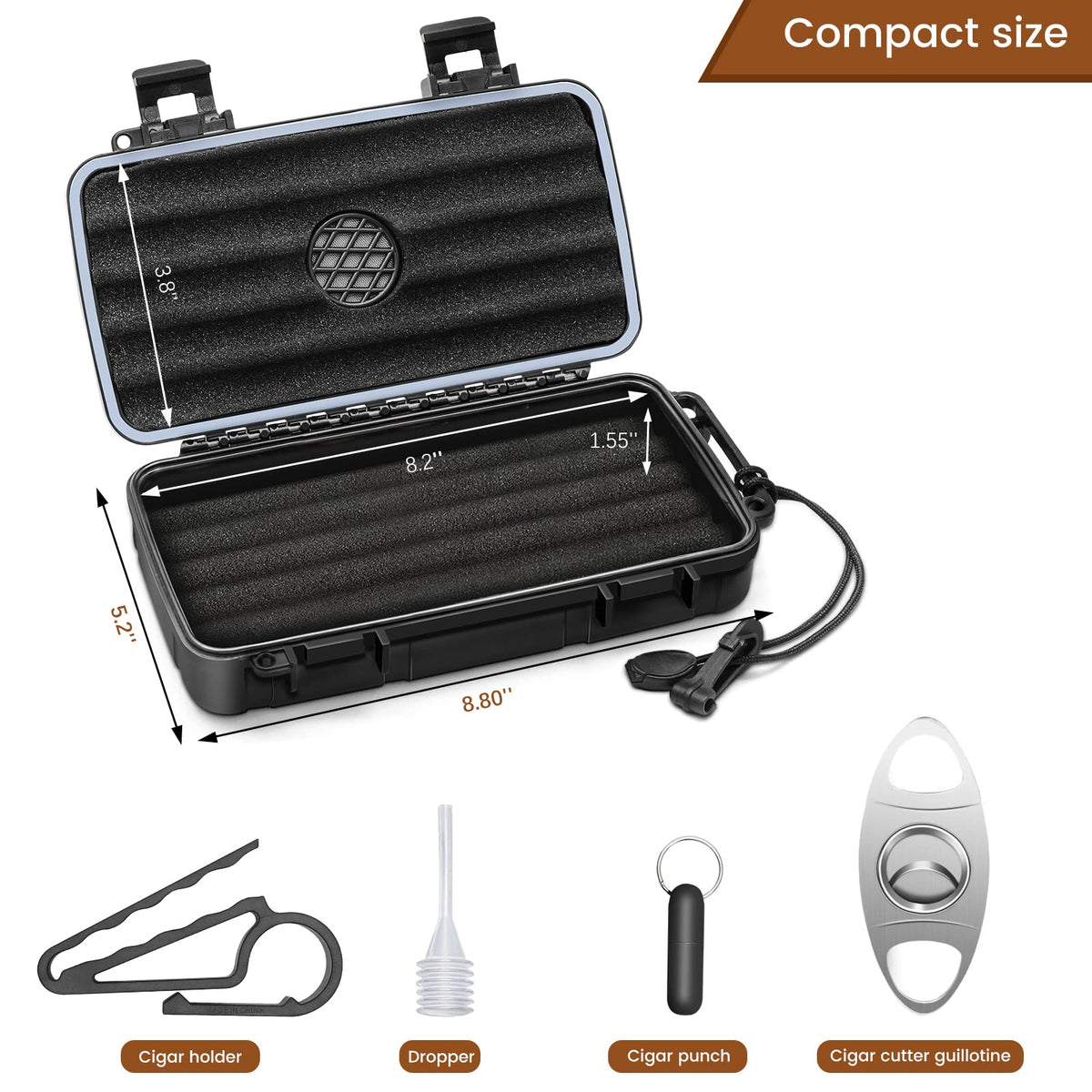 Flauno Travel Cigar Humidor Case - Portable Cigar Box with Humidifier Disc & Cigar Cutter | Waterproof | Crushproof | Airtight | Durable (Holds up to 5 Cigars)