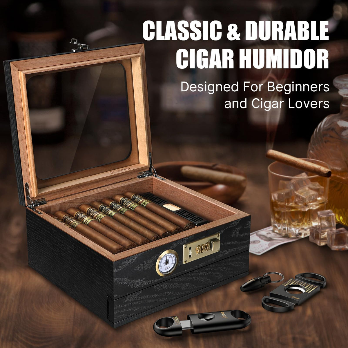 Tesonway Cigar Humidor, Cedar Wood Humidor Cigar Box, Glass Top Desktop Humidor with Front Hygrometer, Humidifier, Divider, Accessories Drawer and Combination Lock, Cigar Gifts for Men (Brown)