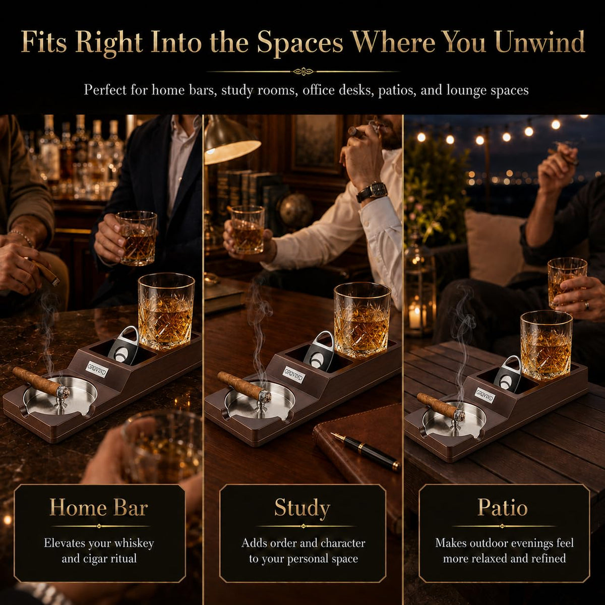Cigar Ashtrays, Whiskey Glass Tray and Wooden Ash Tray Detachable Outdoor Ashtray for Cigarettes, Gift Set with Cigar Cutter, Great Decor for Home Office Gifts for Men