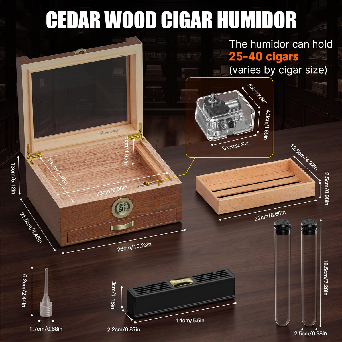 Tesonway Cigar Humidor, Cedar Wood Humidor Cigar Box, Glass Top Desktop Humidor with Front Hygrometer, Humidifier, Divider, Accessories Drawer and Combination Lock, Cigar Gifts for Men (Brown)