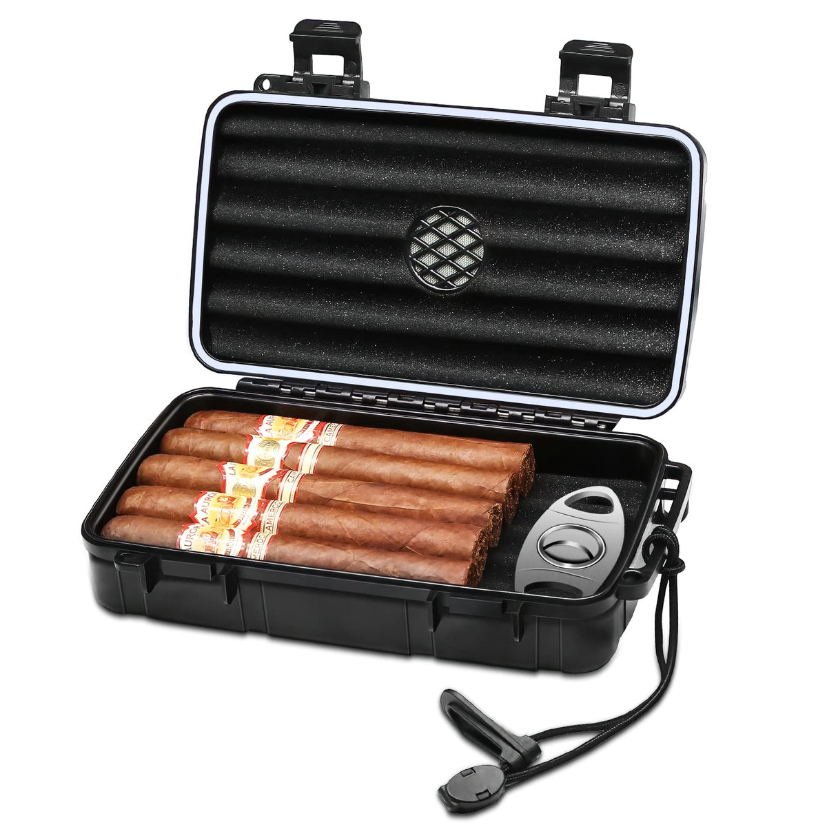 Flauno Travel Cigar Humidor Case - Portable Cigar Box with Humidifier Disc & Cigar Cutter | Waterproof | Crushproof | Airtight | Durable (Holds up to 5 Cigars)