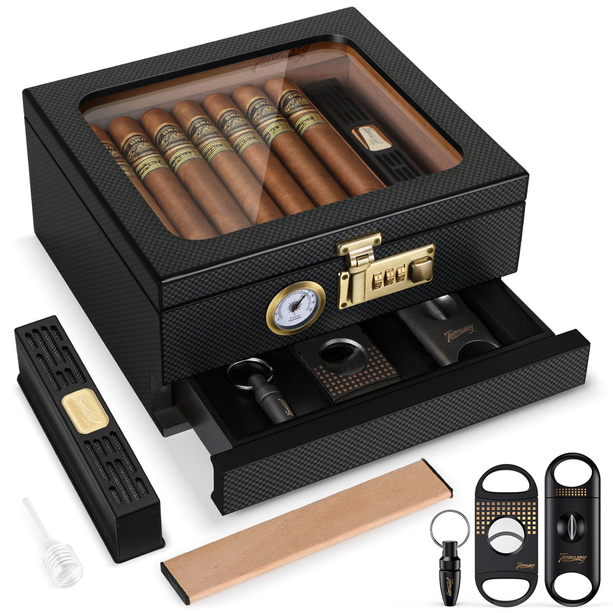 Tesonway Cigar Humidor, Cedar Wood Humidor Cigar Box, Glass Top Desktop Humidor with Front Hygrometer, Humidifier, Divider, Accessories Drawer and Combination Lock, Cigar Gifts for Men (Brown)