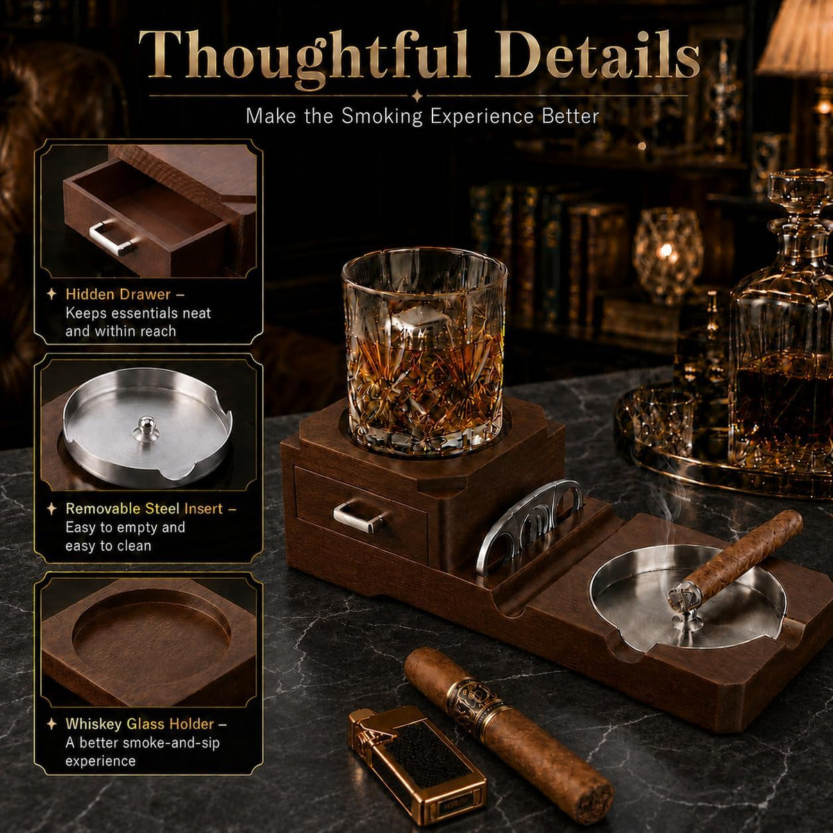 Cigar Ashtrays, Whiskey Glass Tray and Wooden Ash Tray Detachable Outdoor Ashtray for Cigarettes, Gift Set with Cigar Cutter, Great Decor for Home Office Gifts for Men