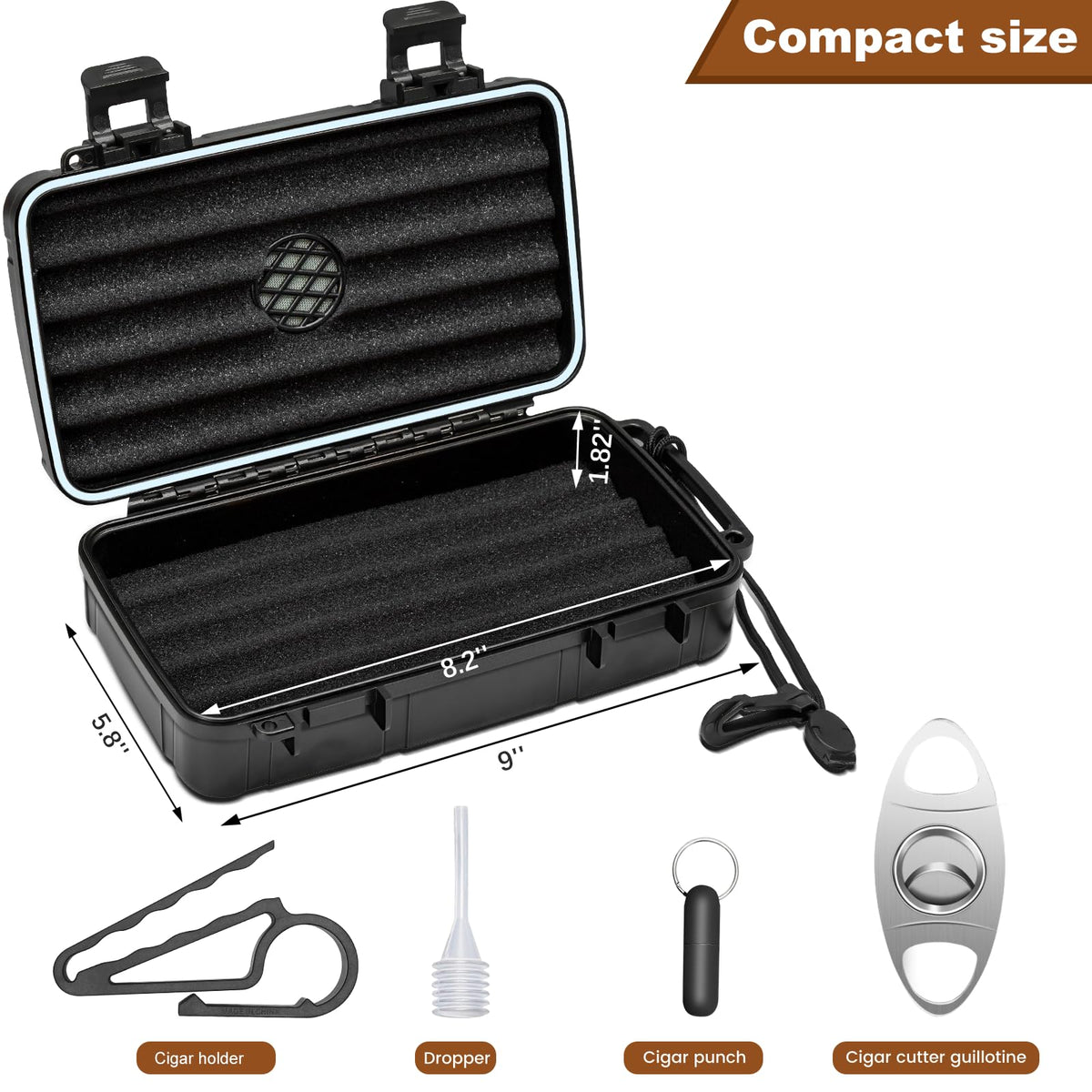 Flauno Travel Cigar Humidor Case - Portable Cigar Box with Humidifier Disc & Cigar Cutter | Waterproof | Crushproof | Airtight | Durable (Holds up to 5 Cigars)