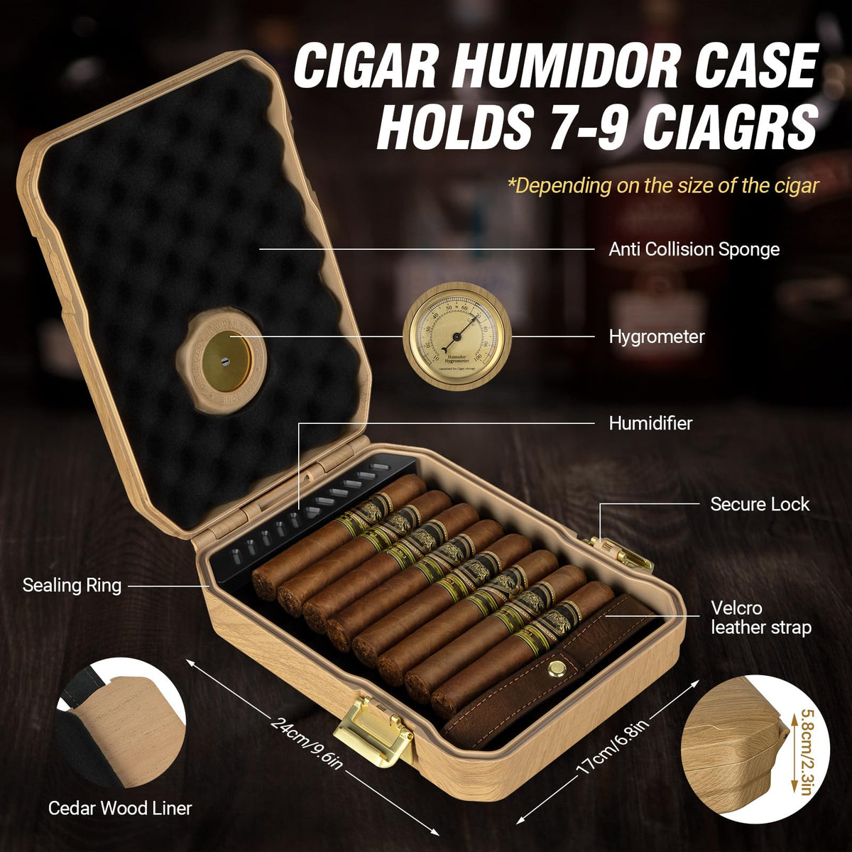 Travel Cigar Humidor Case - Cedar Lined, V Cut Cutter, Portable Humidor with Humidifier & Hygrometer, Holds 7-9 Cigars, Includes Lighter - Gift Set