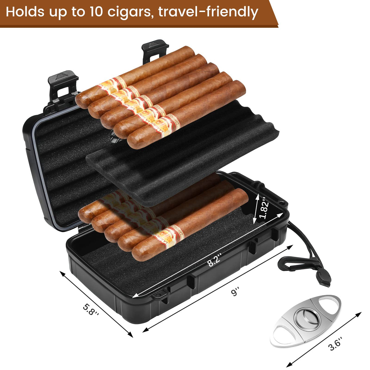 Flauno Travel Cigar Humidor Case - Portable Cigar Box with Humidifier Disc & Cigar Cutter | Waterproof | Crushproof | Airtight | Durable (Holds up to 5 Cigars)