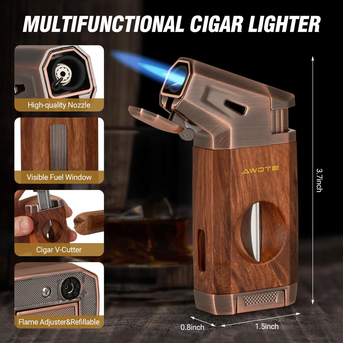 Travel Cigar Humidor Case - Cedar Lined, V Cut Cutter, Portable Humidor with Humidifier & Hygrometer, Holds 7-9 Cigars, Includes Lighter - Gift Set
