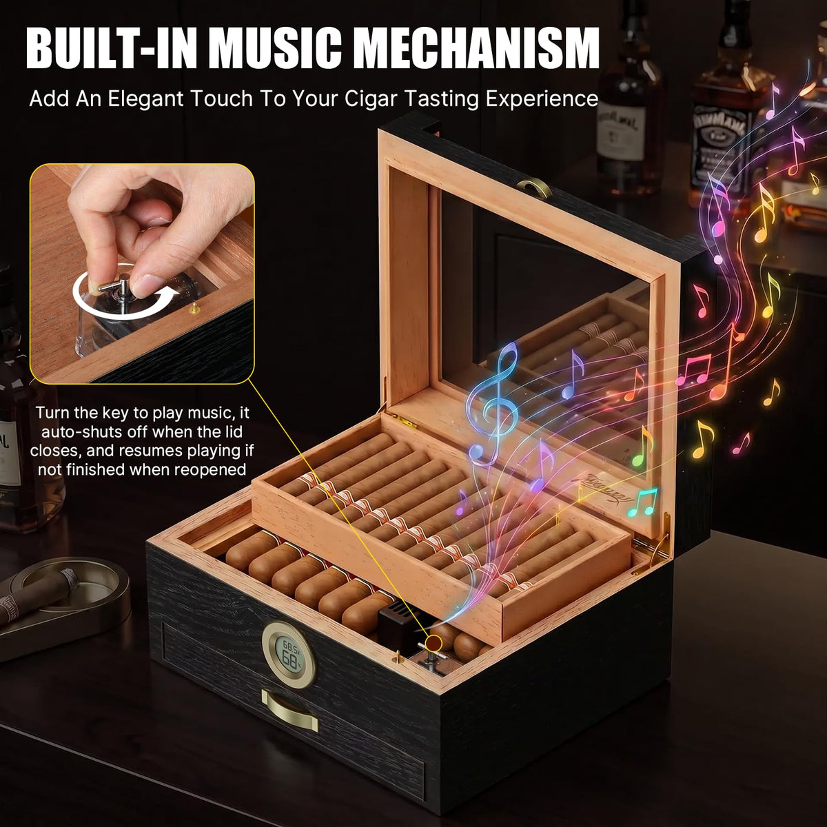 Tesonway Cigar Humidor, Cedar Wood Humidor Cigar Box, Glass Top Desktop Humidor with Front Hygrometer, Humidifier, Divider, Accessories Drawer and Combination Lock, Cigar Gifts for Men (Brown)