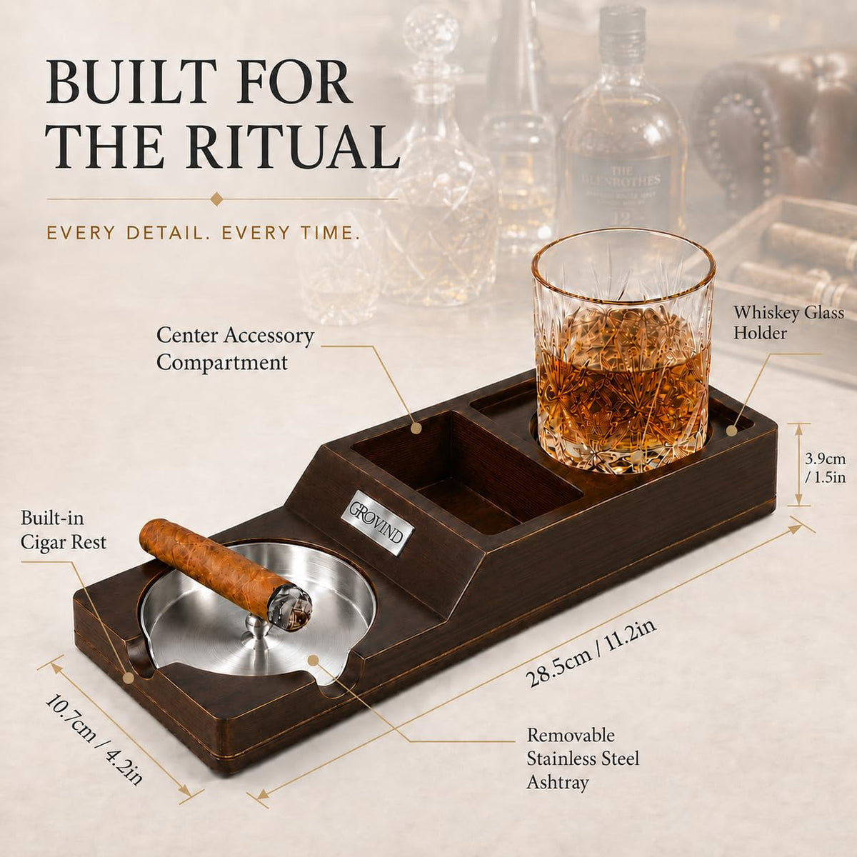 Cigar Ashtrays, Whiskey Glass Tray and Wooden Ash Tray Detachable Outdoor Ashtray for Cigarettes, Gift Set with Cigar Cutter, Great Decor for Home Office Gifts for Men