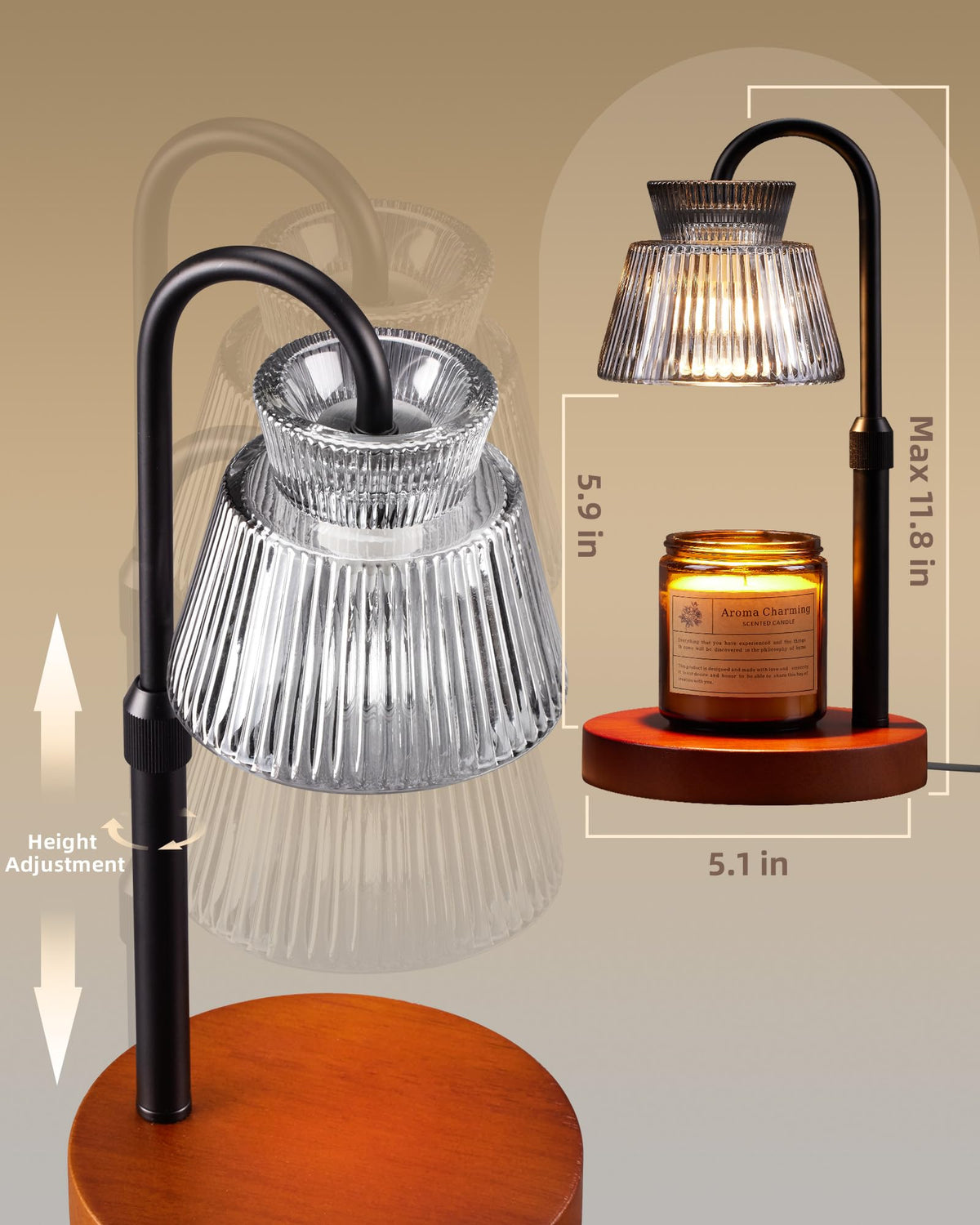 LISUNAR Electric Candle Warmer Lamp Black, Candle Lamp Warmer with Timer, Wax Warmer Lamp for Jar Candles, Adjustable Height Candle Light Warmer with 2 Bulbs