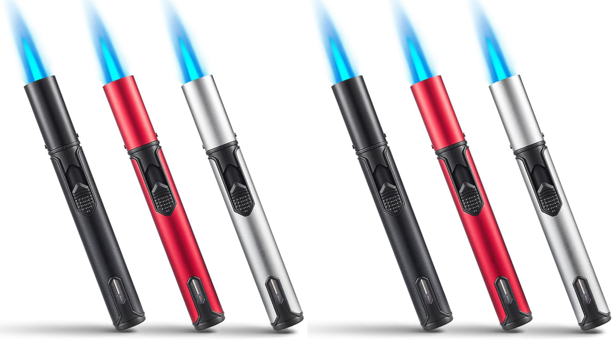 Urgrette 3 Pack Butane Torch Lighters, 6-inch Refillable Pen Lighter Adjustable Jet Flame Butane Lighter for Grill BBQ Camping (Gas Not Included)
