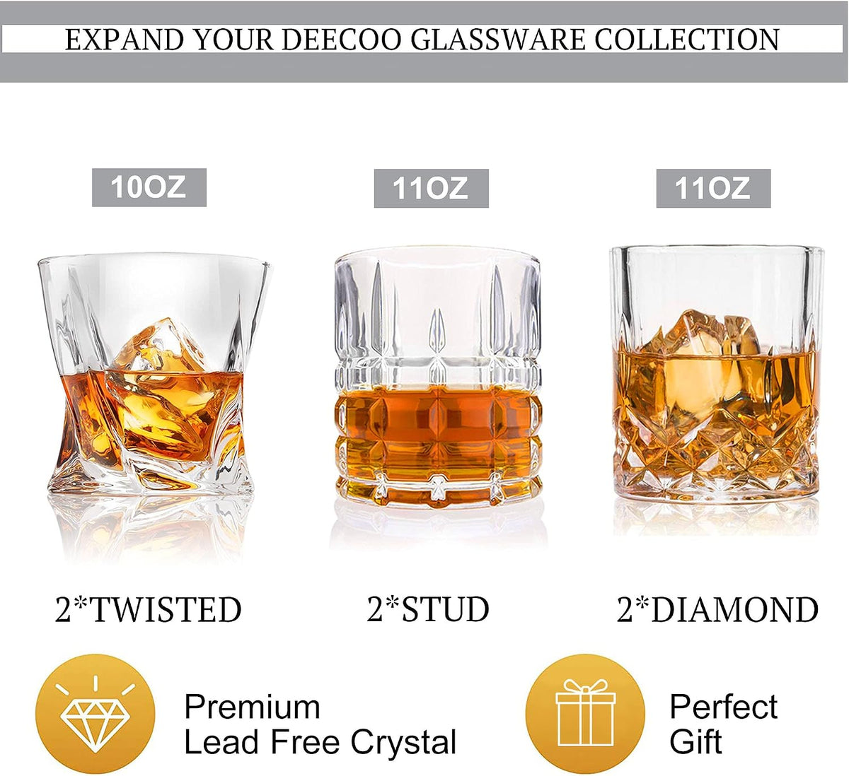 DeeCoo Premium 10, 11 OZ Scotch Glasses - Old Fashioned Whiskey Glasses/Style Glassware for Bourbon/Rum/Bar Tumbler Set of 6