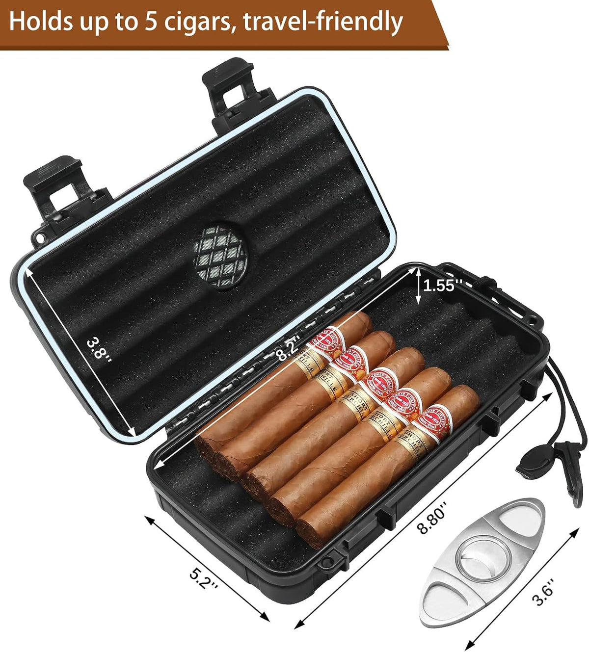 Flauno Travel Cigar Humidor Case - Portable Cigar Box with Humidifier Disc & Cigar Cutter | Waterproof | Crushproof | Airtight | Durable (Holds up to 5 Cigars)