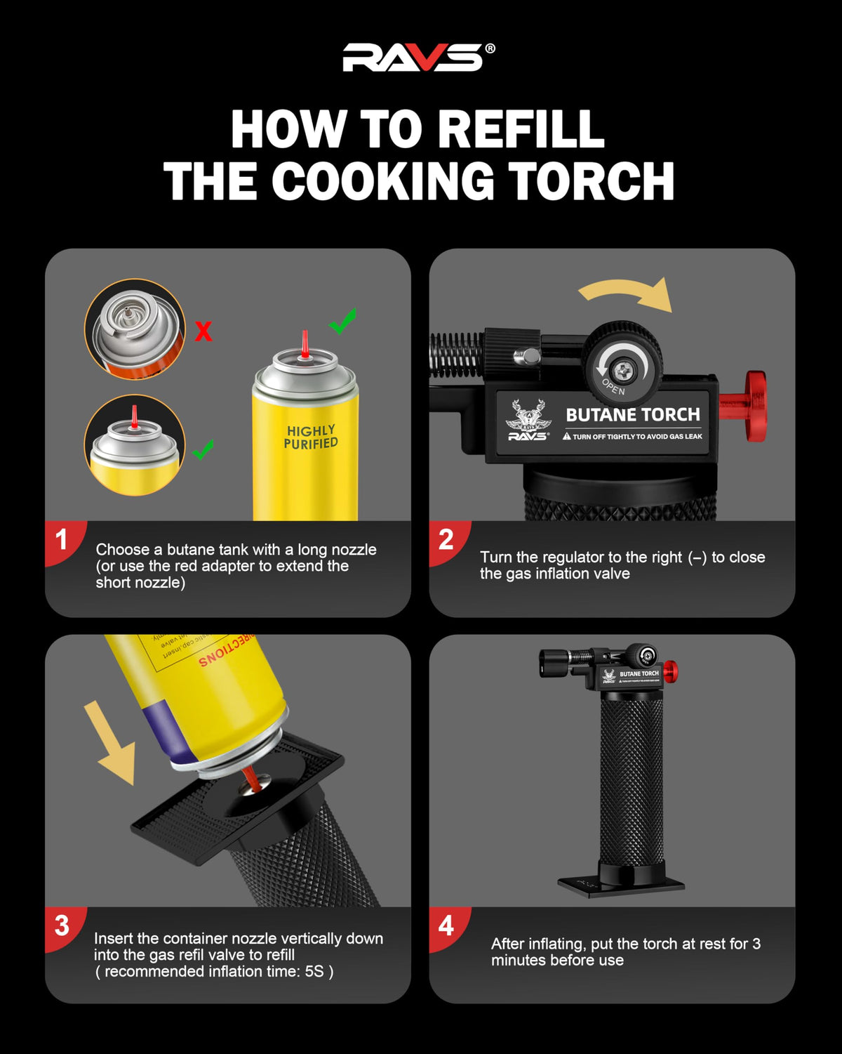 RAVS Butane Torch Lighter, DUAL Flame Mode Kitchen Torch, Refillable Cooking Torch Gun, Creme Brulee Torch Lighter, Blow Torch for Cooking, Welding, Mini Torch Soldering Torch, Butane is Not Included