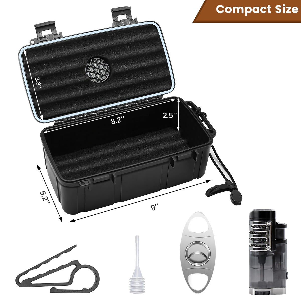 Flauno Travel Cigar Humidor Case - Portable Cigar Box with Humidifier Disc & Cigar Cutter | Waterproof | Crushproof | Airtight | Durable (Holds up to 5 Cigars)