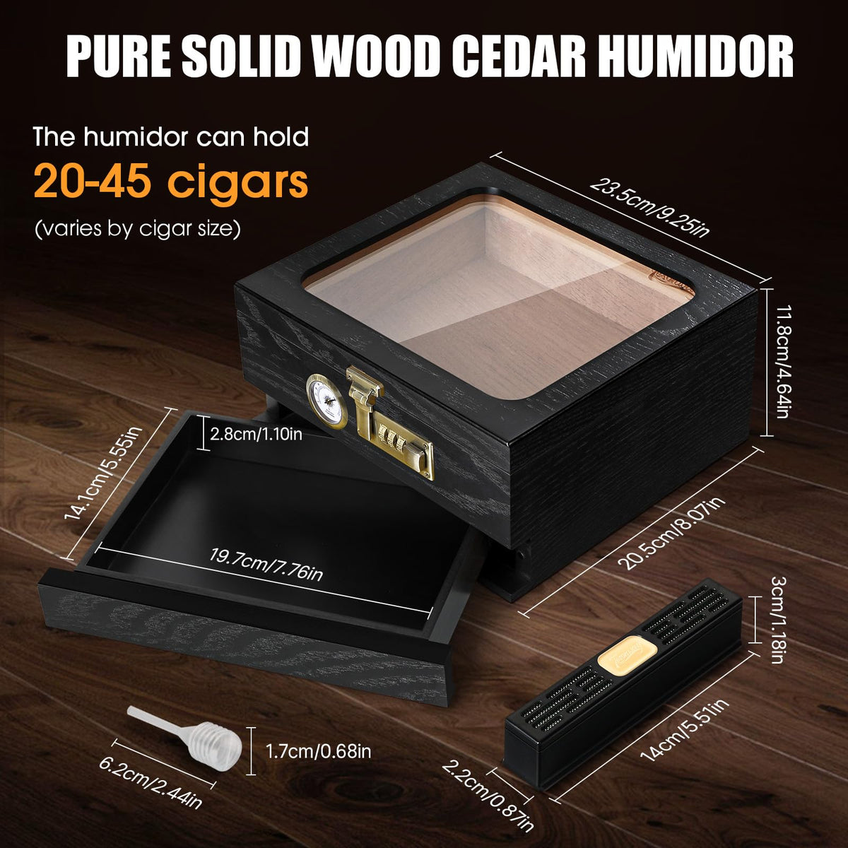 Tesonway Cigar Humidor, Cedar Wood Humidor Cigar Box, Glass Top Desktop Humidor with Front Hygrometer, Humidifier, Divider, Accessories Drawer and Combination Lock, Cigar Gifts for Men (Brown)