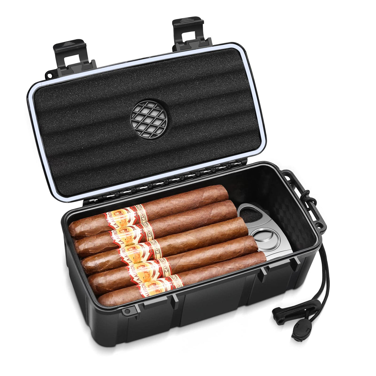 Flauno Travel Cigar Humidor Case - Portable Cigar Box with Humidifier Disc & Cigar Cutter | Waterproof | Crushproof | Airtight | Durable (Holds up to 5 Cigars)