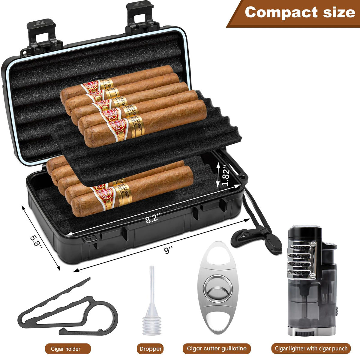 Flauno Travel Cigar Humidor Case - Portable Cigar Box with Humidifier Disc & Cigar Cutter | Waterproof | Crushproof | Airtight | Durable (Holds up to 5 Cigars)