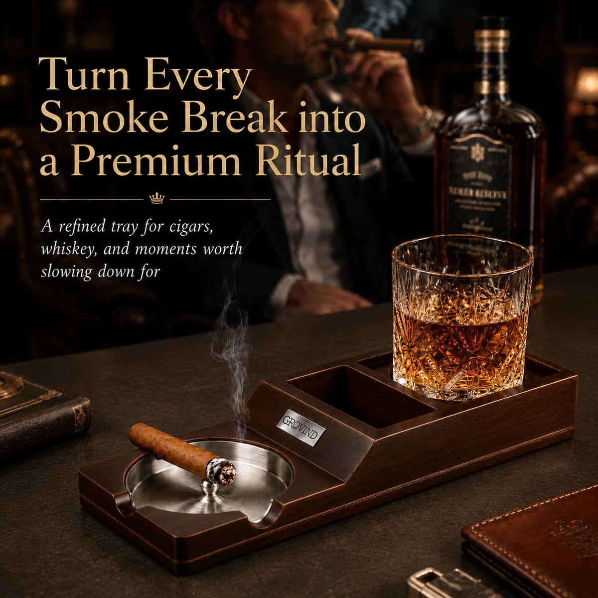 Cigar Ashtrays, Whiskey Glass Tray and Wooden Ash Tray Detachable Outdoor Ashtray for Cigarettes, Gift Set with Cigar Cutter, Great Decor for Home Office Gifts for Men