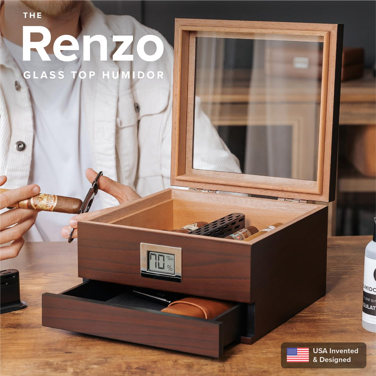CASE ELEGANCE Renzo Glass Top Cigar Humidor with Cedar - Brown