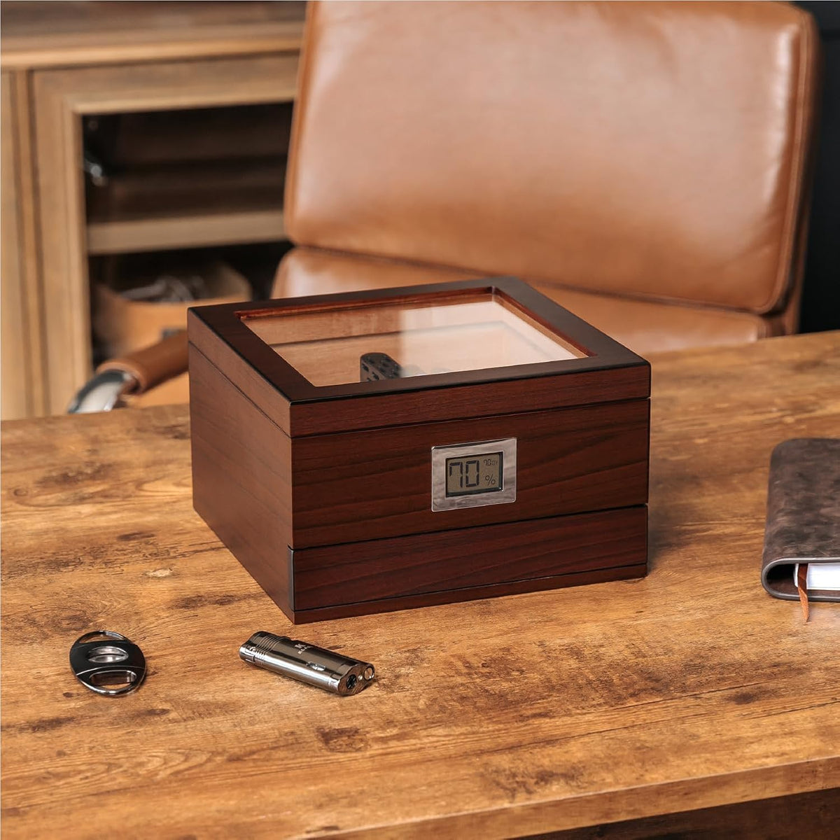 CASE ELEGANCE Renzo Glass Top Cigar Humidor with Cedar - Brown
