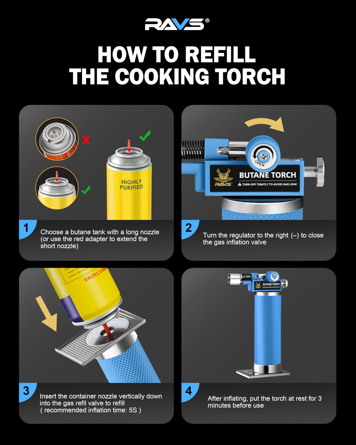 RAVS Butane Torch Lighter, DUAL Flame Mode Kitchen Torch, Refillable Cooking Torch Gun, Creme Brulee Torch Lighter, Blow Torch for Cooking, Welding, Mini Torch Soldering Torch, Butane is Not Included