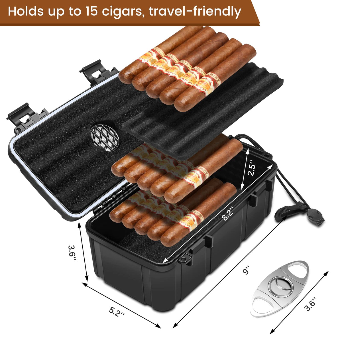 Flauno Travel Cigar Humidor Case - Portable Cigar Box with Humidifier Disc & Cigar Cutter | Waterproof | Crushproof | Airtight | Durable (Holds up to 5 Cigars)