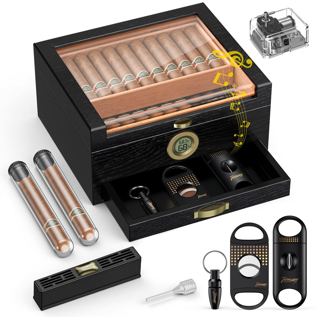 Tesonway Cigar Humidor, Cedar Wood Humidor Cigar Box, Glass Top Desktop Humidor with Front Hygrometer, Humidifier, Divider, Accessories Drawer and Combination Lock, Cigar Gifts for Men (Brown)