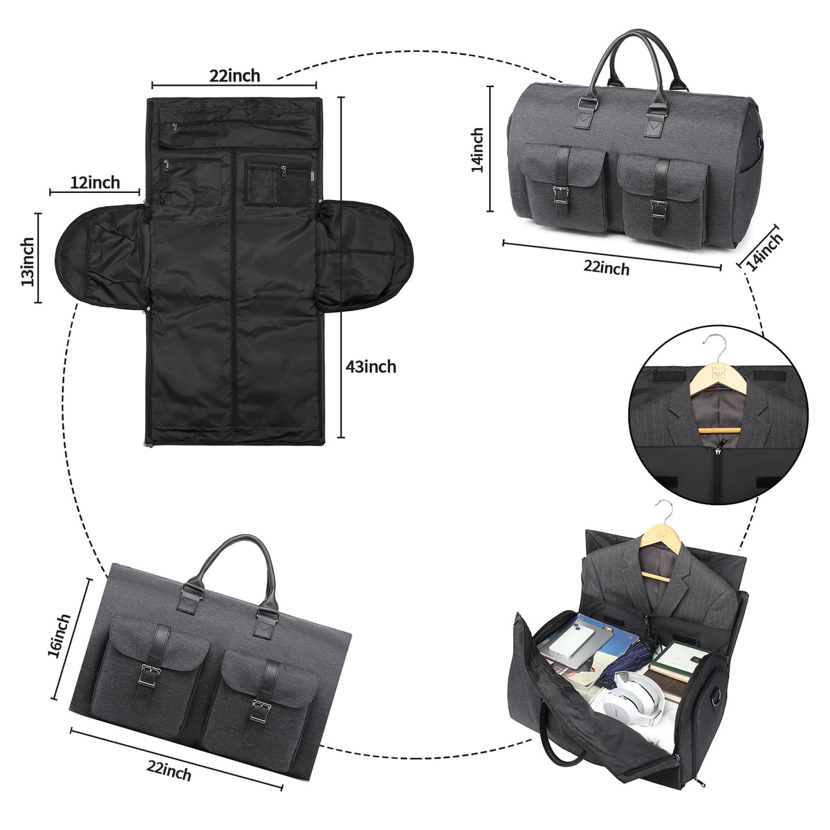 seyfocnia Convertible Travel Garment Bag,Carry on Garment Duffel Bag for Men Women - 2 in 1 Hanging Suitcase Suit Business Travel Bag