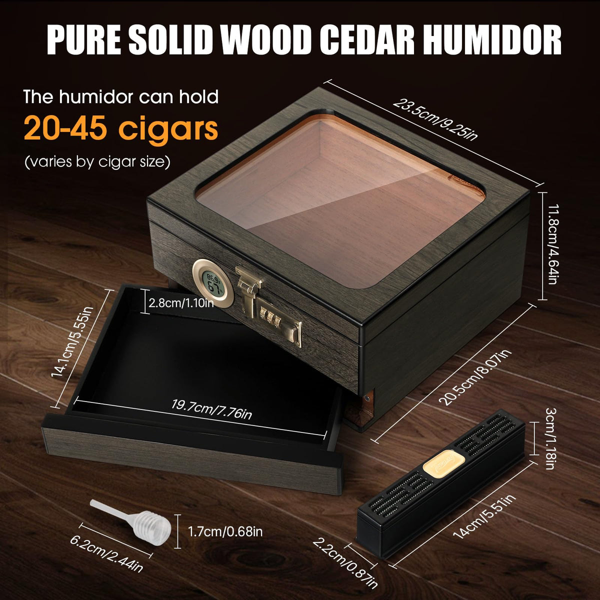 Tesonway Cigar Humidor, Cedar Wood Humidor Cigar Box, Glass Top Desktop Humidor with Front Hygrometer, Humidifier, Divider, Accessories Drawer and Combination Lock, Cigar Gifts for Men (Brown)