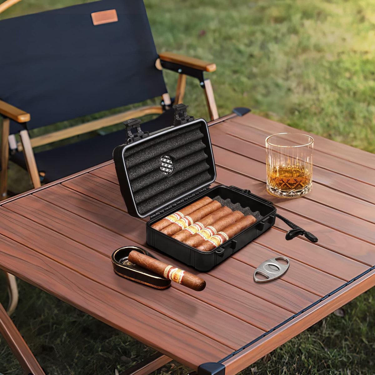Flauno Travel Cigar Humidor Case - Portable Cigar Box with Humidifier Disc & Cigar Cutter | Waterproof | Crushproof | Airtight | Durable (Holds up to 5 Cigars)