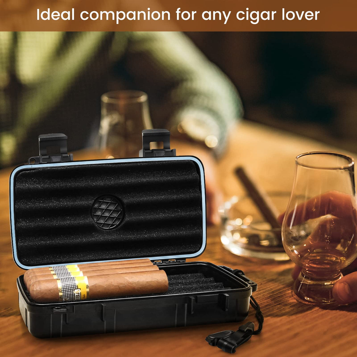 Flauno Travel Cigar Humidor Case - Portable Cigar Box with Humidifier Disc & Cigar Cutter | Waterproof | Crushproof | Airtight | Durable (Holds up to 5 Cigars)