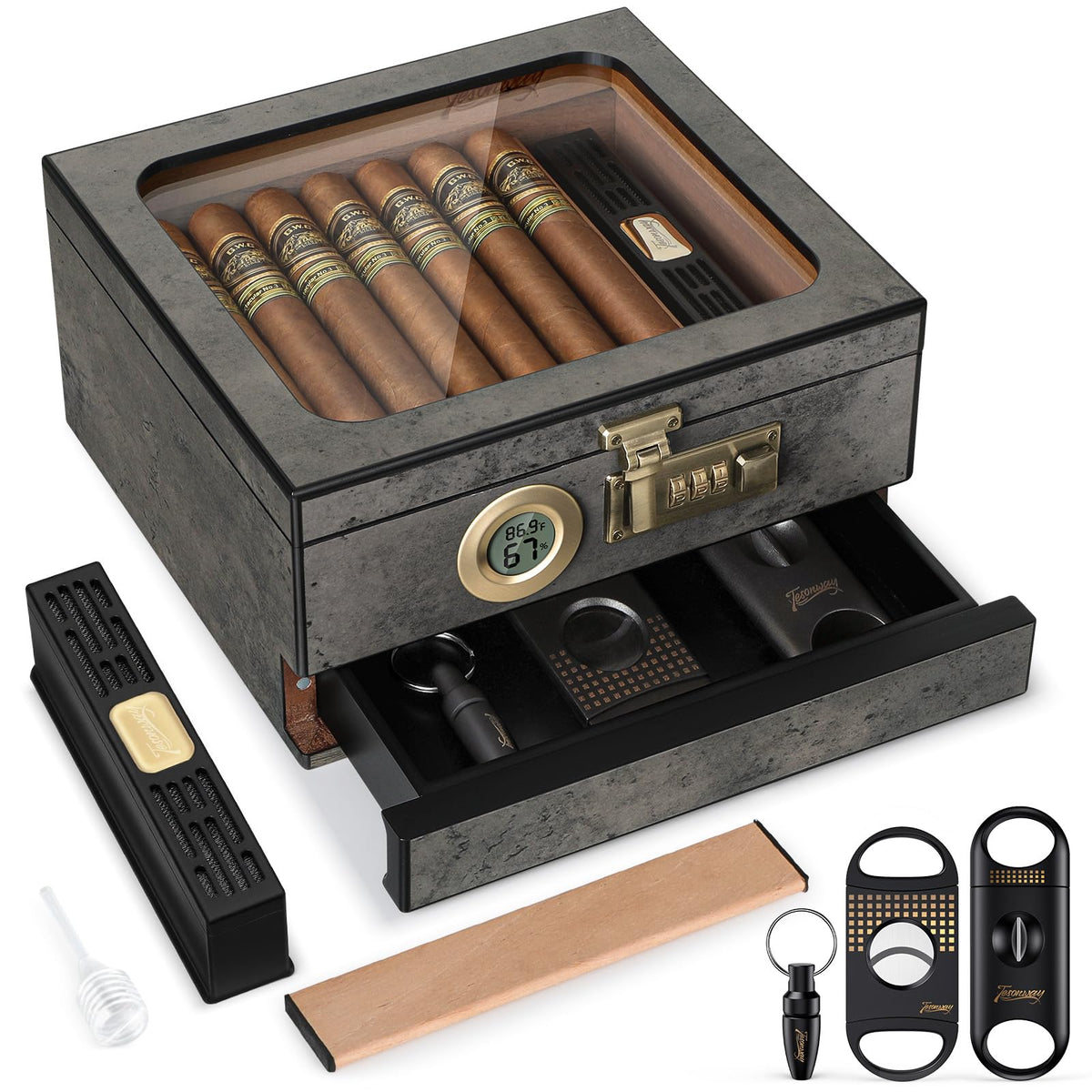 Tesonway Cigar Humidor, Cedar Wood Humidor Cigar Box, Glass Top Desktop Humidor with Front Hygrometer, Humidifier, Divider, Accessories Drawer and Combination Lock, Cigar Gifts for Men (Brown)