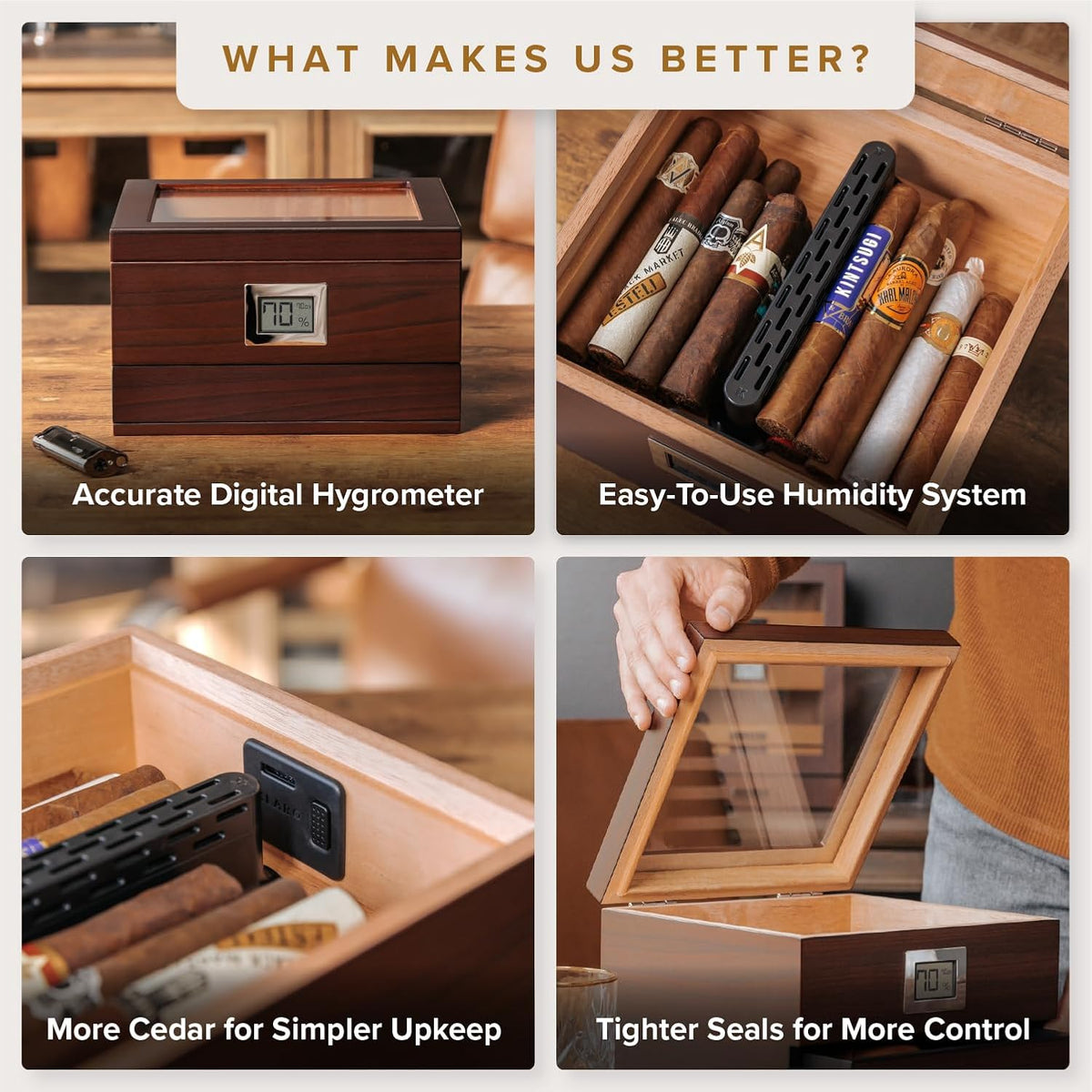 CASE ELEGANCE Renzo Glass Top Cigar Humidor with Cedar - Brown